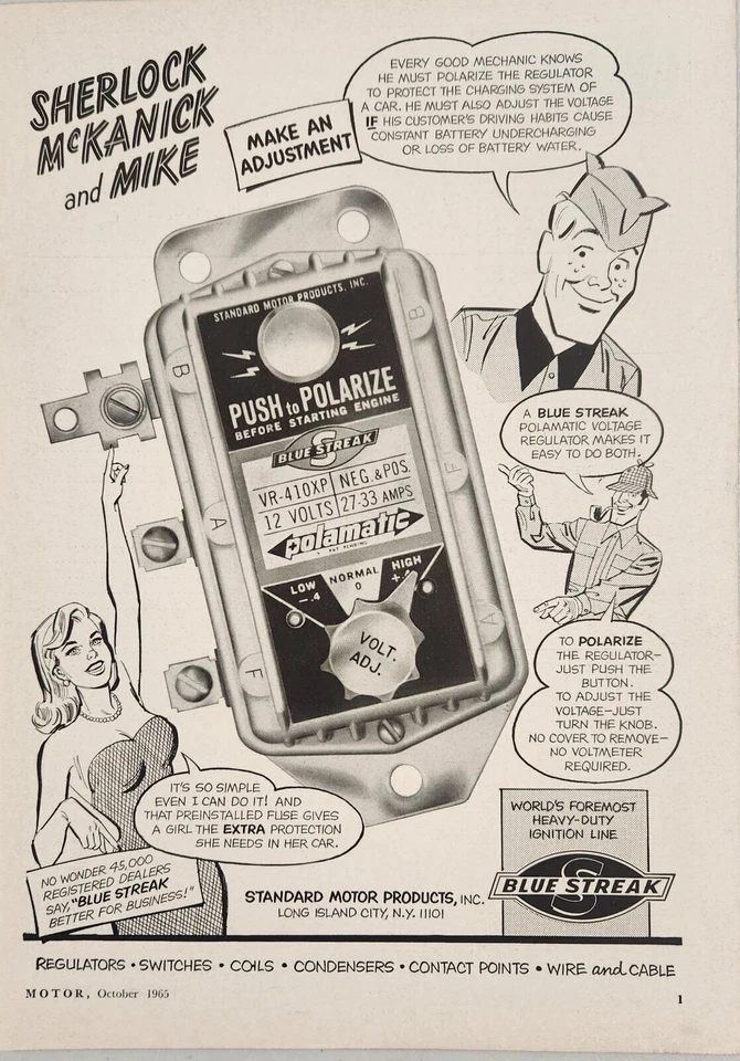 Anuncio impreso 1965 regulador Blue Streak para sistema de carga de coche Long Island City, Nueva York Foto 1 de 1