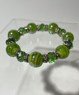 Vtg Murano Lampwork Green Swirled Bead Faceted AB Peridot Glass Crystal Bracelet