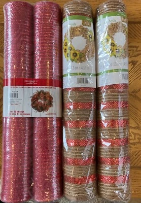 Lot Of 4 Deco Mesh Rolls 21 Inch by 5 feet Red Tan Stripe NEW - Image 1 of 4