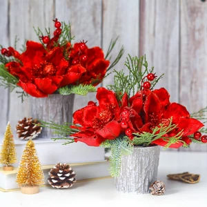 2 Pcs 12'' Red Christmas Table Centerpiece Glitter Artificial Magnolia Flowers w - Picture 1 of 6