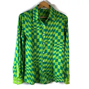 Ranch Dress'n Womens Top Size Medium Green Check Snap Button Disco Rodeo - Imagen 1 de 10