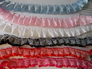 1 or 2 m x White Lace over Satin Ribbon Pleat Gathered Trim - Pink, Blue,Lilac - Picture 1 of 21