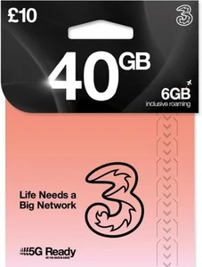 Trzy karty SIM z 40 GB danych i nieograniczoną liczbą minut / tekstów na 30 dni. £10-pak - Zdjęcie 1 z 2