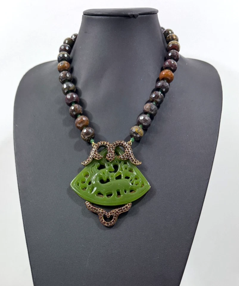 HEIDI DAUS NWT $299 Jade like Pendant w/ Onyx Tiger Eyes Glass Beads Necklace - Image 1 of 4