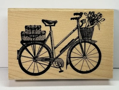 Inkadinkado BIKE WITH FLOWER BASKET Wood Mount Rubber Stamp BICYCLE - Image 1 of 3