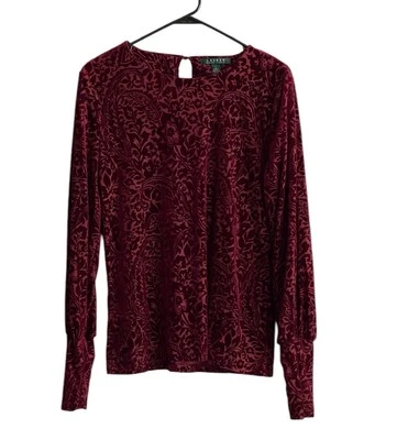 Lauren Ralph Lauren Blouse Large Burgundy Velvet Burnout Bishop Whimsi Old Money - Image 1 of 4