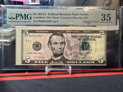 😳 $5 2017-A  FRN PK/⭐️ ( DALLAS “k”)-  CUTTING ERROR NOTE ( SHEET NOTE STAR ) - Image 1 of 4