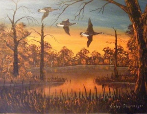 ORIGINAL 12x16 PAINTING LAKE LANDSCAPE CANADA GOOSE HUNTING ART ON CANVAS - Foto 1 di 1