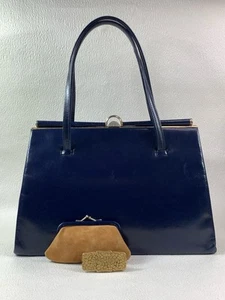 David Russell Vintage 1950s Blue Leather Handbag Suede Lining Purse & Lip View - Picture 1 of 24