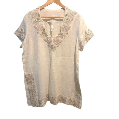 Florabella Linen Embroidered Kaftan Tunic Top L Beige Beach Boho Sequins Blouse - Image 1 of 4
