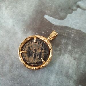 Authentic antique Roman coin in handmade gold plated silver jewelry pendant