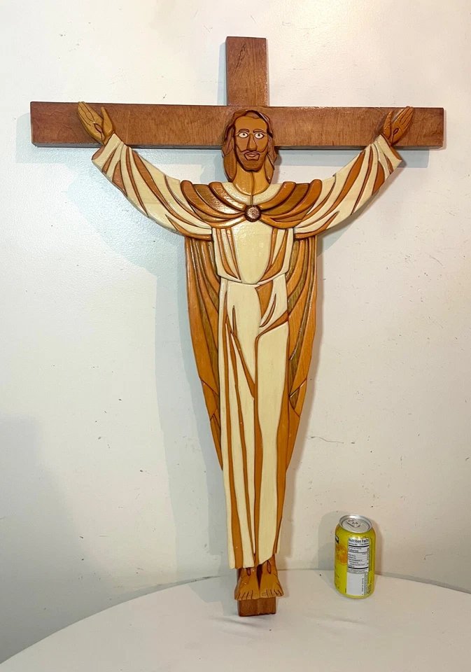 ENORME tallado Jesucristo Intarsia madera arte pared marquetería escultura crucifijo Foto 1 de 4