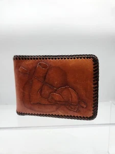 Vintage Hand Tooled Leather Wallet Horse Jockey Equestrian Bifold Card Holder - Picture 1 of 6