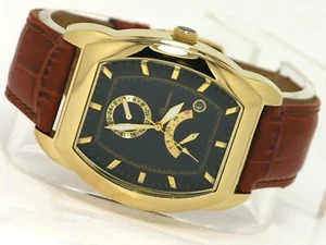 NEW ROUSSEAU POWER RESERVE BLACK DIAL WATCH GOLD TONE TONNEAU CASE LEATHER - Picture 1 of 10