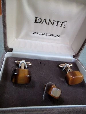 Gemelos vintage DANTE genuino ojo de tigre Tie Tac caja original  Foto 1 de 4