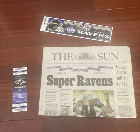 baltimore ravens super bowl xxxv sticker newspaper vs raiders & 2006 ticket Cover