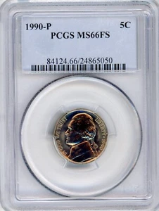 1990-P Jefferson Nickel 5c PCGS  MS66FS  Light Gold toning - Picture 1 of 2