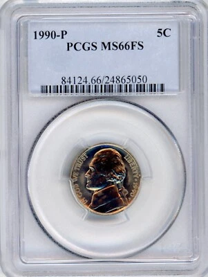 1990-P Jefferson Nickel 5c PCGS  MS66FS  Light Gold toning - Image 1 of 2