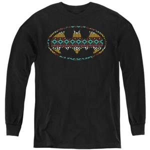 Batman Kids Long Sleeve Shirt Aztec Art Logo Black Tee - Picture 1 of 1