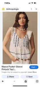 Maeve Anthropologie Top Gr. M weiß Biesen Flatterärmel bestickt - Bild 1 von 5