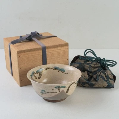 Ogata Kenzan Iroe Pine Design Tea Bowl with Shifuku Tea Ceremony Japanese Japan - Image 1 of 4