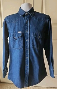 Carhartt Denim Work Shirt Western Yolk White Pearl Snap Button Down Mens Med Vtg - Picture 1 of 11