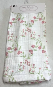 GAUZE COLLECTION KITCHEN TOWELS (2) FLOWERS PINK GREEN 16 x 26 100% COTTON NWT - Picture 1 of 2
