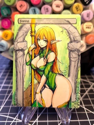 FOREST - Green - MTG *Altered Hand Colored Original Art Anime - Red Head 111925 - Image 1 of 4