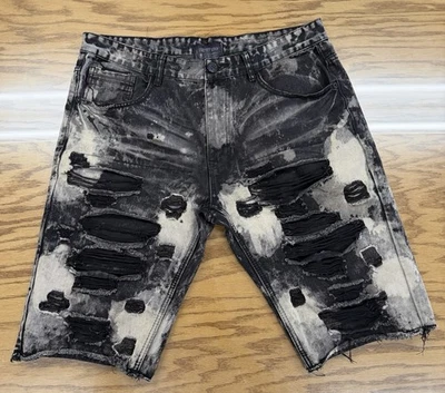 Smoke Rise Denim Shorts Distressed Frayed Streetwear Moto Black Bleached Mens 38 - Image 1 of 4