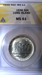 1936 LONG ISLAND Commemorative Silver Half Dollar 50C ANACS MS61 - Picture 1 of 6
