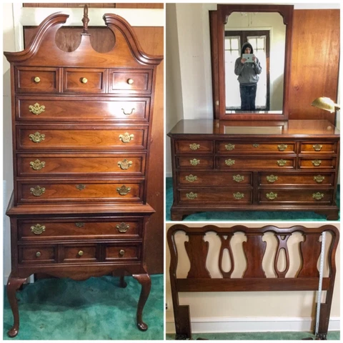 J.B. Van Sciver 5pc Bedroom Set Chippendale Mahogany Highboy Dresser Bed Mirror Cover