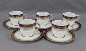 Set of 5 Royal Doulton WEG Monogram Gold Beaded Cobalt Demitasse Cups & Saucers - Picture 1 of 13