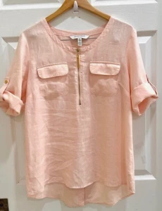 Ellen Tracy Linen Blend Tunic Top Tassel Roll Tab Sleeve Size M - Picture 1 of 17