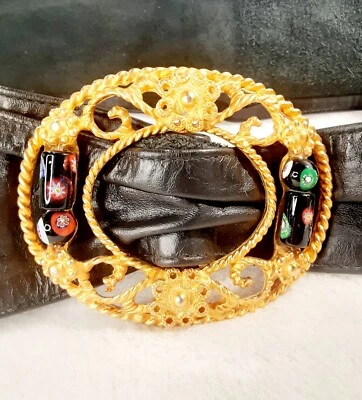 ** AMAZING Vintage Venetian Glass Bright Goldtone Belt Buckle On Original Belt - Image 1 of 4