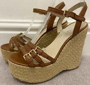 Sandalias de plataforma de cuña de yute punta abierta de cuero tostado KORS MICHAEL KORS zapatos 5,5 - Imagen 1 de 9