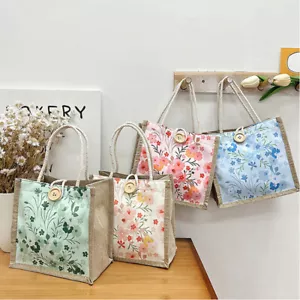 Linen Mini Tote Bag Small Flower Print Lunch Bag Simple Women Handbag - Picture 1 of 32
