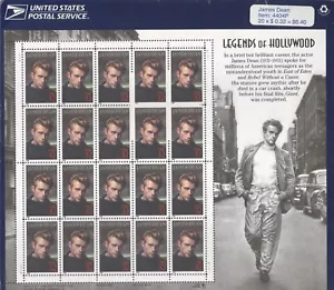 Hoja de 20 estampillas USPS Actor James Dean Hollywood Retrato Panel Estampillada sin montar o nunca montada 1996 4404p - Imagen 1 de 1