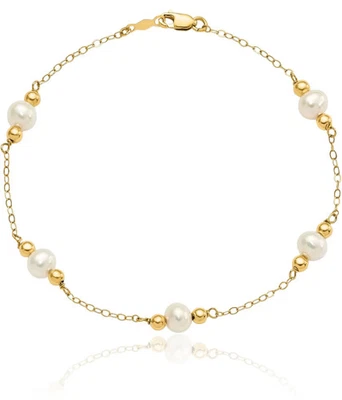 14K Solid Yellow Gold 5mm White Round Freshwater Cultured Pearl Ball 5 Statio... - Image 1 of 4