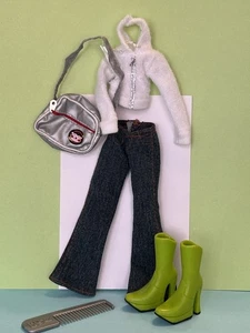 Bratz Daring In Denim Clothes Outfit w/  Top Jean Pants Lime Green Boots & Purse - Picture 1 of 7