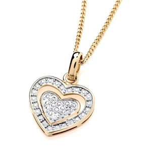 9ct Yellow Gold on Silver Real Diamond Heart Pendant Necklace + 16 18 20" Chain - Picture 1 of 8