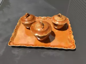 Antique Victoria Czecho-Slovakia Orange Lustreware Set, Tray Cups Lids - Picture 1 of 14
