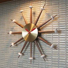 MODERN STARBURST WALL CLOCK - VINTAGE SPUTNIK EAMES ERA 1950s STYLE WALNUT BRASS