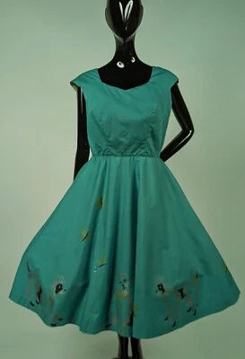 VINTAGE 1950’S TEAL DRESS W POODLES + BUTTERFLIES W RHINESTONES - Image 1 of 4