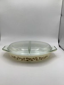 PYREX VINTAGE GOLDEN ACORN DIVIDED COVERED Baker Server DISH W Lid 13” - Picture 1 of 19
