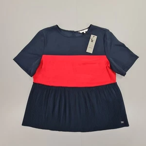 Tommy Hilfiger Womens Top Navy Red 6 UK Pleated Hem Short Sleeve Blouse Top - Picture 1 of 11