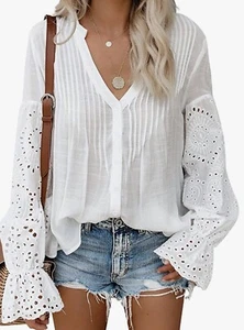 Aleumdr Women's Lace Crochet V Neck 3/4 Sleeve Button Down Blouses Casual Shirts - Picture 1 of 6