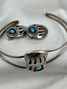 Set   Sterling Silver  NA   Bracelet Earrings  Native American  Turquoise Claw - Picture 1 of 9