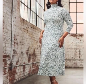 ELOQUII Dress Women 16 Slash Shoulder Midi NEW Green Dot Print Long Sleeve - Picture 1 of 15