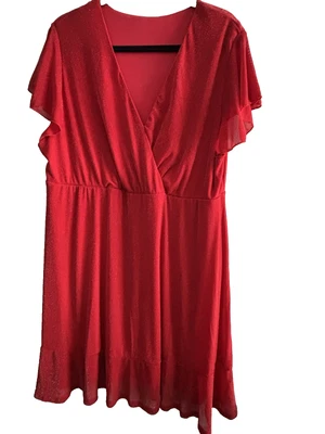 Womens Plus 3x Red Shimmering Lined V-Neck Flutter Sleeve Dress - Image 1 of 4
