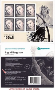 SS30 Sweden 2015 Scott #2756 S/S MNH Cinema Movie Star Ingrid Bergman - Picture 1 of 1